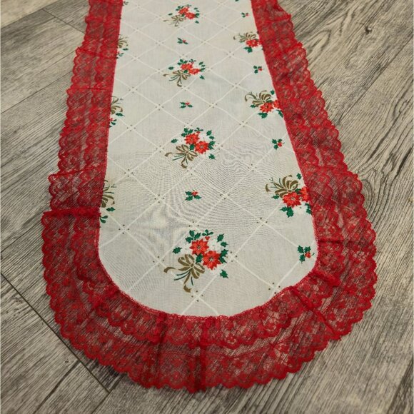 Vintage Christmas Lace Table runner Poinsettia Gold bows Handmade table decor - Picture 4 of 9